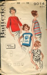 9014 BUTTERICK 1959 SO EZ BLOUSE DRAWSTRING / SLEEVES OR NOT PATTERN 14